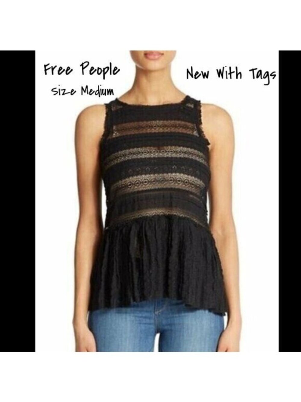 Free People Black Lace Top Pucker Peplum Sheer Cami Tank Medium New With Tag